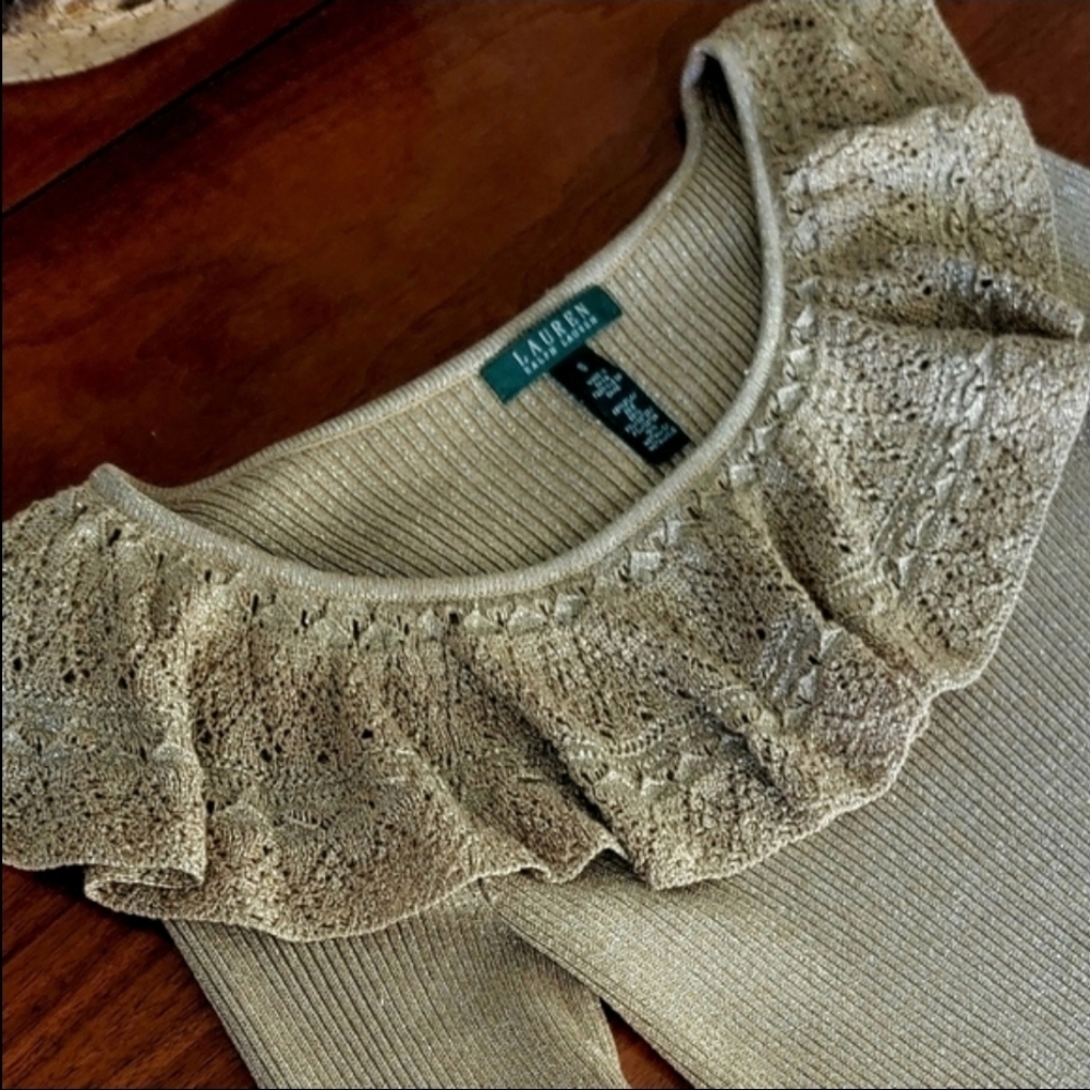 Lauren Ralph Lauren Gold Metallic Sweater Small Ruffle Crochet Pointelle Collar - Picture 7 of 9